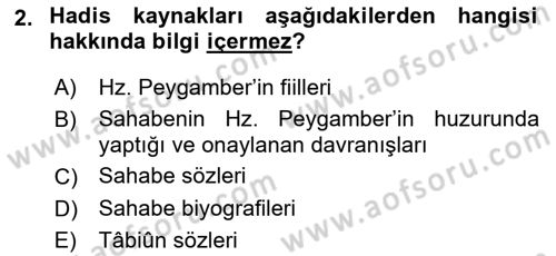 Hadis Dersi 2018 - 2019 Yılı 3 Ders Sınav Soruları 2. Soru