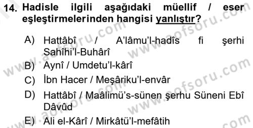 Hadis Dersi 2018 - 2019 Yılı (Vize) Ara Sınav Soruları 14. Soru