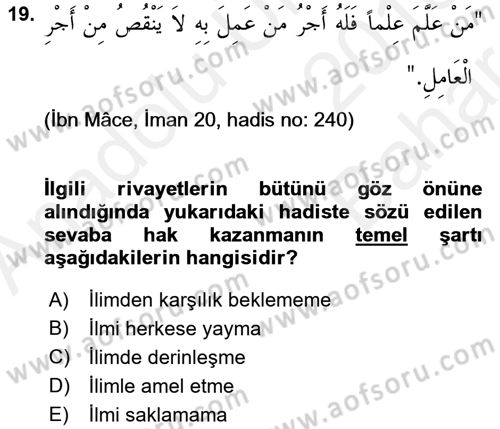 Hadis Dersi 2018 - 2019 Yılı (Vize) Ara Sınav Soruları 19. Soru