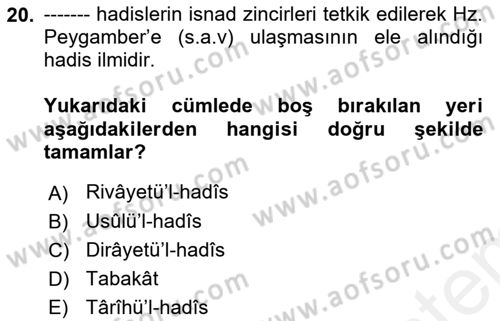Hadis Dersi 2018 - 2019 Yılı (Vize) Ara Sınav Soruları 20. Soru