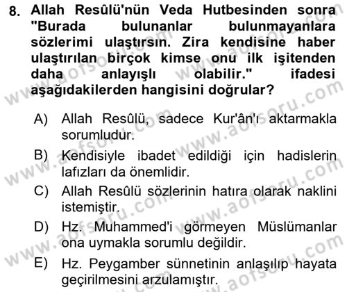 Hadis Dersi 2018 - 2019 Yılı (Vize) Ara Sınav Soruları 8. Soru