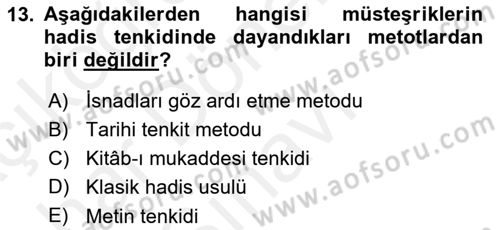 Hadis Dersi 2018 - 2019 Yılı (Final) Dönem Sonu Sınav Soruları 13. Soru