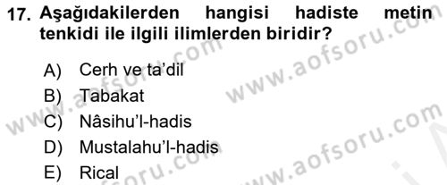 Hadis Dersi 2018 - 2019 Yılı (Final) Dönem Sonu Sınav Soruları 17. Soru