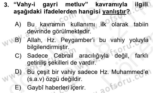 Hadis Dersi 2018 - 2019 Yılı (Final) Dönem Sonu Sınav Soruları 3. Soru