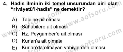 Hadis Dersi 2018 - 2019 Yılı (Final) Dönem Sonu Sınav Soruları 4. Soru