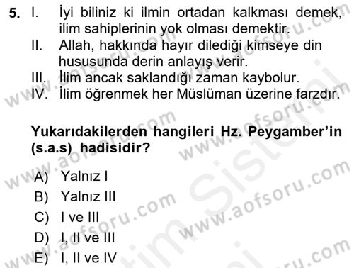 Hadis Dersi 2018 - 2019 Yılı (Final) Dönem Sonu Sınav Soruları 5. Soru