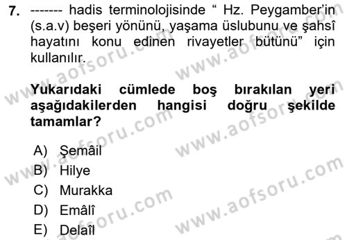 Hadis Dersi 2018 - 2019 Yılı (Final) Dönem Sonu Sınav Soruları 7. Soru
