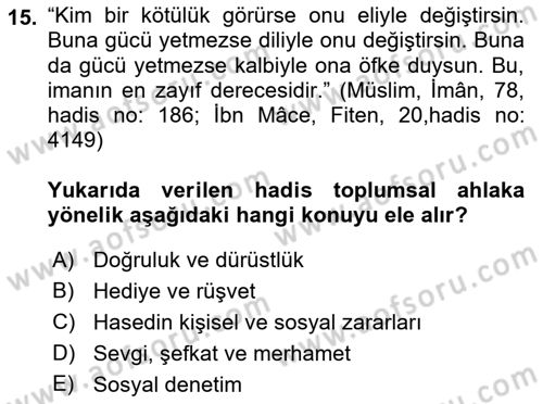 Hadis Dersi 2018 - 2019 Yılı Yaz Okulu Sınav Soruları 15. Soru