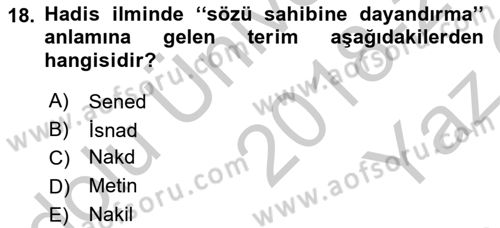 Hadis Dersi 2018 - 2019 Yılı Yaz Okulu Sınav Soruları 18. Soru