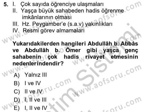 Hadis Dersi 2018 - 2019 Yılı Yaz Okulu Sınav Soruları 5. Soru