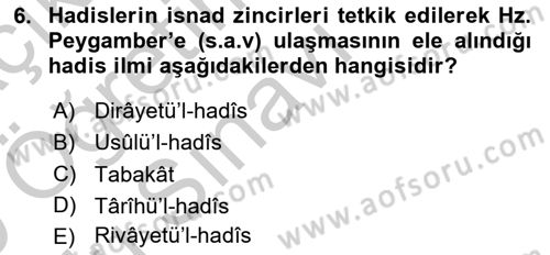 Hadis Dersi 2018 - 2019 Yılı Yaz Okulu Sınav Soruları 6. Soru