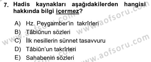 Hadis Dersi 2018 - 2019 Yılı Yaz Okulu Sınav Soruları 7. Soru