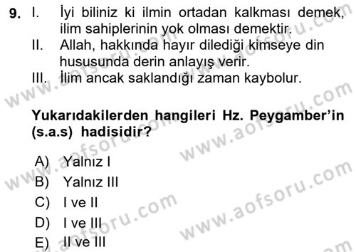 Hadis Dersi 2018 - 2019 Yılı Yaz Okulu Sınav Soruları 9. Soru