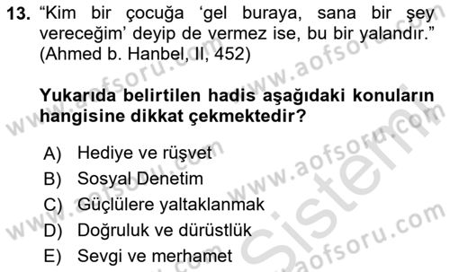 Hadis Dersi 2020 - 2021 Yılı Yaz Okulu Sınav Soruları 13. Soru