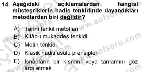 Hadis Dersi 2020 - 2021 Yılı Yaz Okulu Sınav Soruları 14. Soru