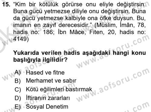 Hadis Dersi 2020 - 2021 Yılı Yaz Okulu Sınav Soruları 15. Soru