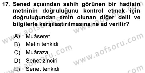 Hadis Dersi 2020 - 2021 Yılı Yaz Okulu Sınav Soruları 17. Soru