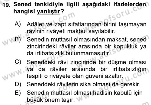Hadis Dersi 2020 - 2021 Yılı Yaz Okulu Sınav Soruları 19. Soru