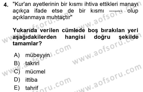Hadis Dersi 2020 - 2021 Yılı Yaz Okulu Sınav Soruları 4. Soru