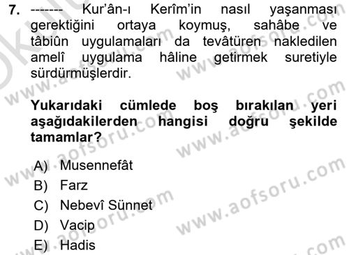Hadis Dersi 2020 - 2021 Yılı Yaz Okulu Sınav Soruları 7. Soru