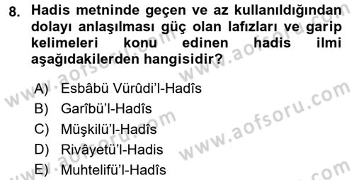 Hadis Dersi 2020 - 2021 Yılı Yaz Okulu Sınav Soruları 8. Soru