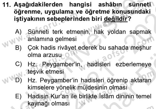 Hadis Dersi 2021 - 2022 Yılı (Vize) Ara Sınav Soruları 11. Soru
