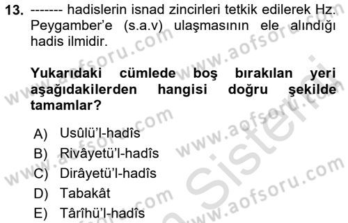 Hadis Dersi 2021 - 2022 Yılı (Vize) Ara Sınav Soruları 13. Soru