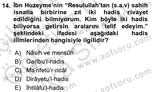 Hadis Dersi 2021 - 2022 Yılı (Vize) Ara Sınav Soruları 14. Soru