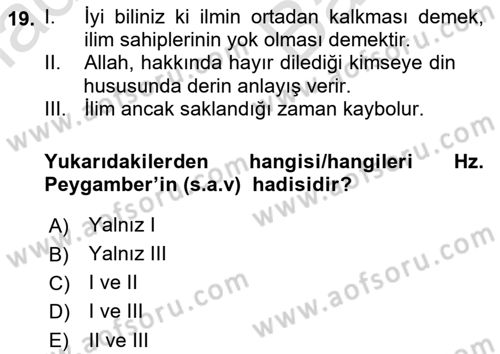 Hadis Dersi 2021 - 2022 Yılı (Vize) Ara Sınav Soruları 19. Soru