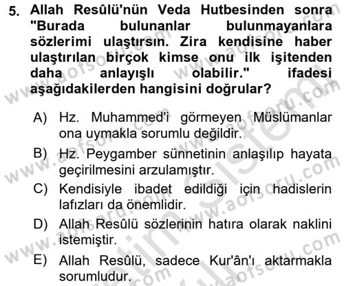 Hadis Dersi 2021 - 2022 Yılı (Vize) Ara Sınav Soruları 5. Soru