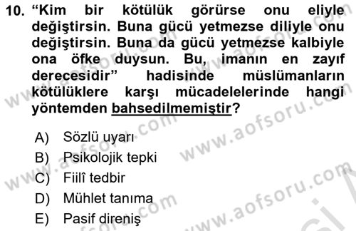 Hadis Dersi 2021 - 2022 Yılı (Final) Dönem Sonu Sınav Soruları 10. Soru