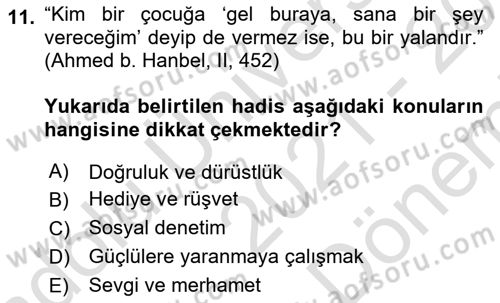 Hadis Dersi 2021 - 2022 Yılı (Final) Dönem Sonu Sınav Soruları 11. Soru