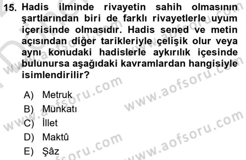 Hadis Dersi 2021 - 2022 Yılı (Final) Dönem Sonu Sınav Soruları 15. Soru