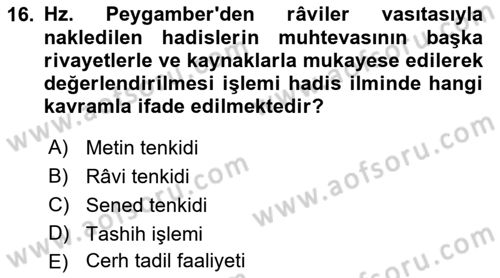 Hadis Dersi 2021 - 2022 Yılı (Final) Dönem Sonu Sınav Soruları 16. Soru