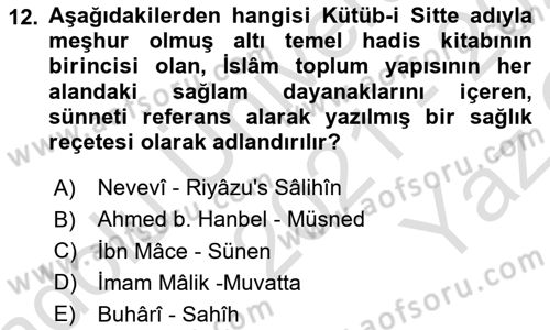 Hadis Dersi 2021 - 2022 Yılı Yaz Okulu Sınav Soruları 12. Soru