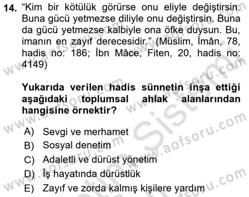 Hadis Dersi 2021 - 2022 Yılı Yaz Okulu Sınav Soruları 14. Soru