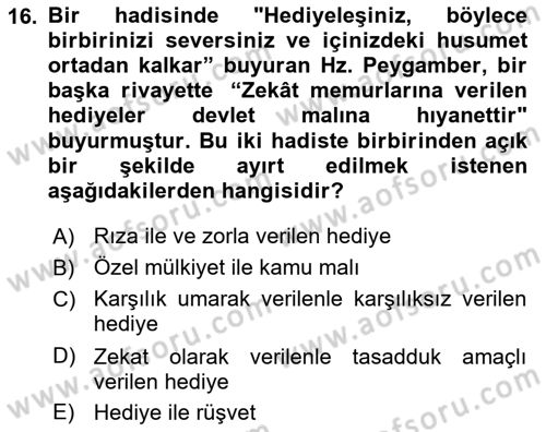 Hadis Dersi 2021 - 2022 Yılı Yaz Okulu Sınav Soruları 16. Soru