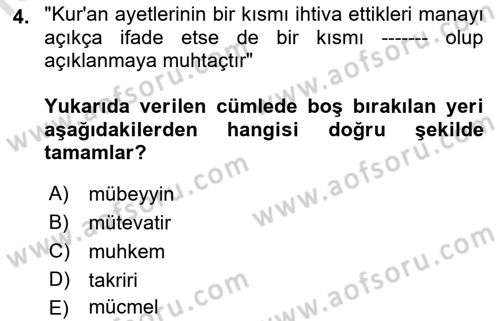 Hadis Dersi 2021 - 2022 Yılı Yaz Okulu Sınav Soruları 4. Soru