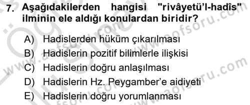Hadis Dersi 2021 - 2022 Yılı Yaz Okulu Sınav Soruları 7. Soru