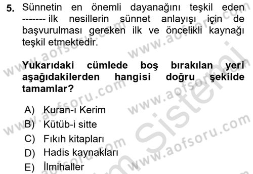 Hadis Dersi 2022 - 2023 Yılı Yaz Okulu Sınav Soruları 5. Soru