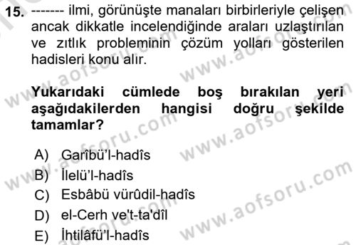 Hadis Dersi 2023 - 2024 Yılı (Vize) Ara Sınav Soruları 15. Soru