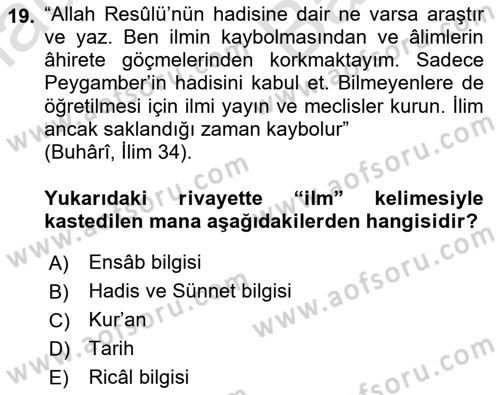 Hadis Dersi 2023 - 2024 Yılı (Vize) Ara Sınav Soruları 19. Soru