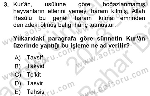 Hadis Dersi 2023 - 2024 Yılı (Vize) Ara Sınav Soruları 3. Soru