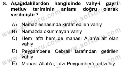 Hadis Dersi 2023 - 2024 Yılı (Vize) Ara Sınav Soruları 8. Soru