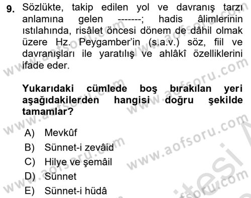 Hadis Dersi 2023 - 2024 Yılı (Vize) Ara Sınav Soruları 9. Soru