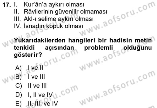 Hadis Dersi 2023 - 2024 Yılı (Final) Dönem Sonu Sınav Soruları 17. Soru