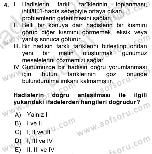 Hadis Dersi 2023 - 2024 Yılı (Final) Dönem Sonu Sınav Soruları 4. Soru