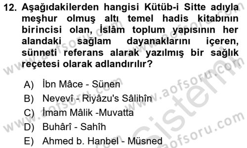Hadis Dersi 2023 - 2024 Yılı Yaz Okulu Sınav Soruları 12. Soru