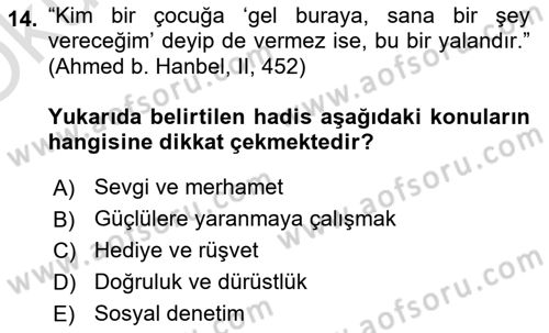 Hadis Dersi 2023 - 2024 Yılı Yaz Okulu Sınav Soruları 14. Soru