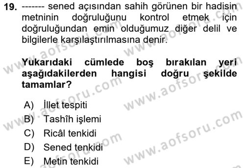 Hadis Dersi 2023 - 2024 Yılı Yaz Okulu Sınav Soruları 19. Soru